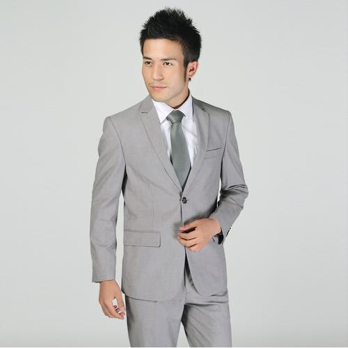 男式西服套装两粒扣浅灰色韩版修身职业西装公司正装工作服